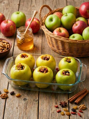 Pommes au four, miel, noix et cannelle