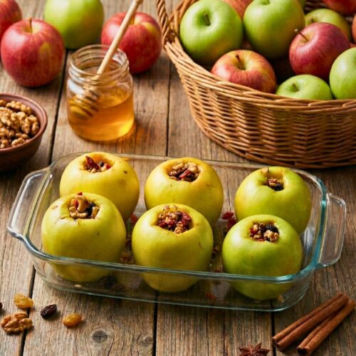 Pommes au four, miel, noix et cannelle