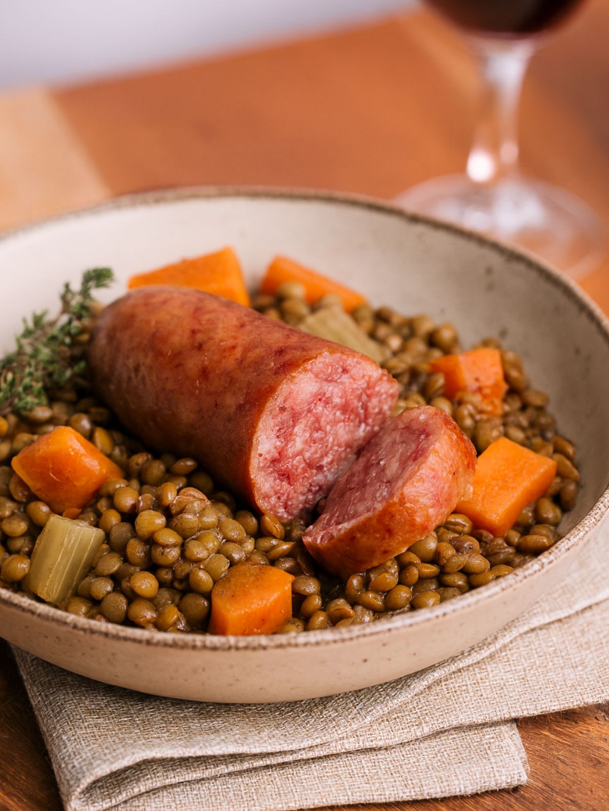 Plat de lentilles, saucisse et légumes