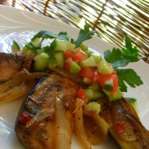 Plat d'aubergines grillées avec salsa de concombre et tomate