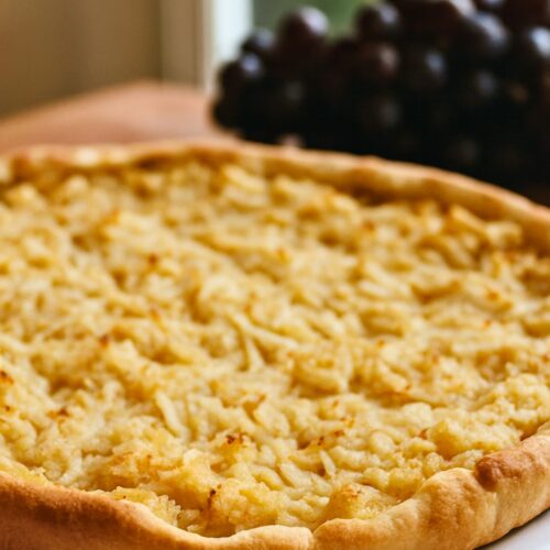 Tarte aux pommes de terre et raisins noirs.