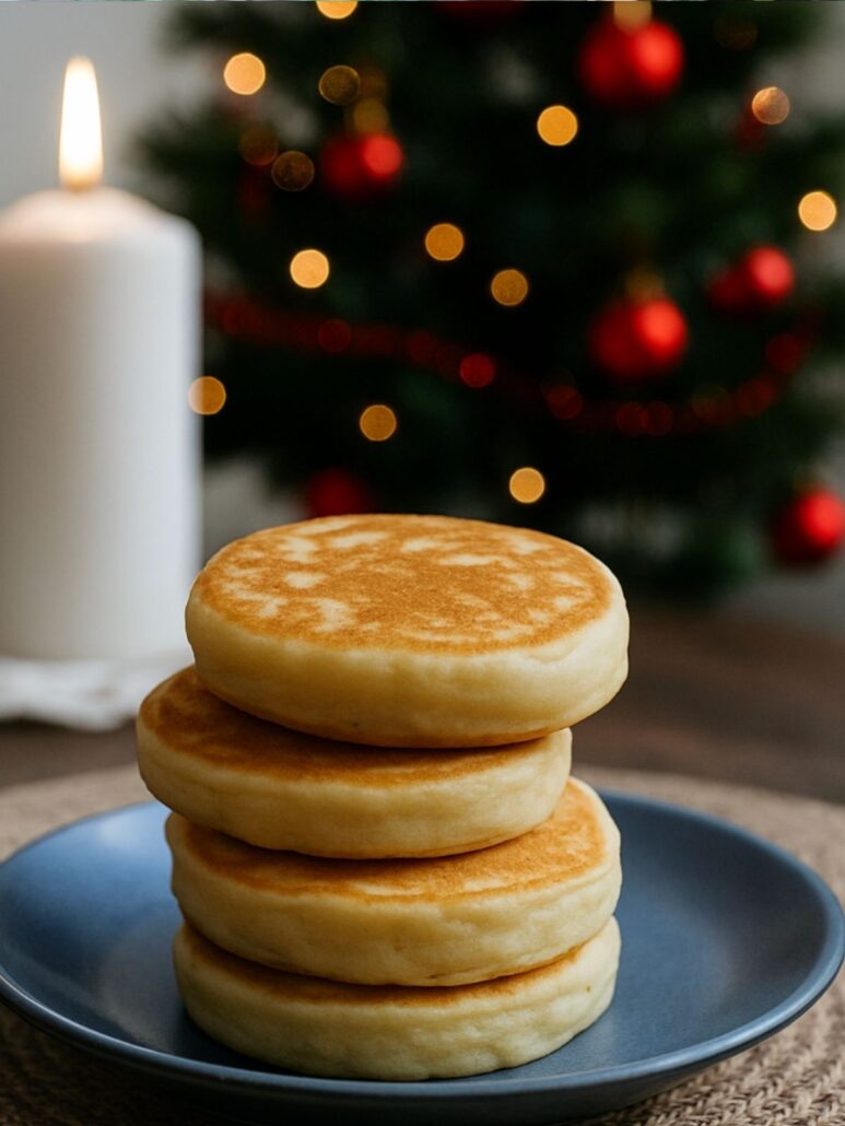 Assiette de mini blinis maison moelleux posés sur une table de Noël