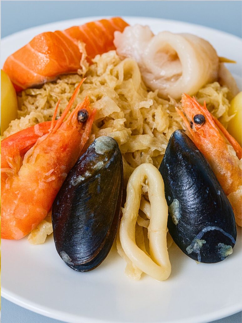 Choucroute de la mer aux poissons et moules servie sur un plat