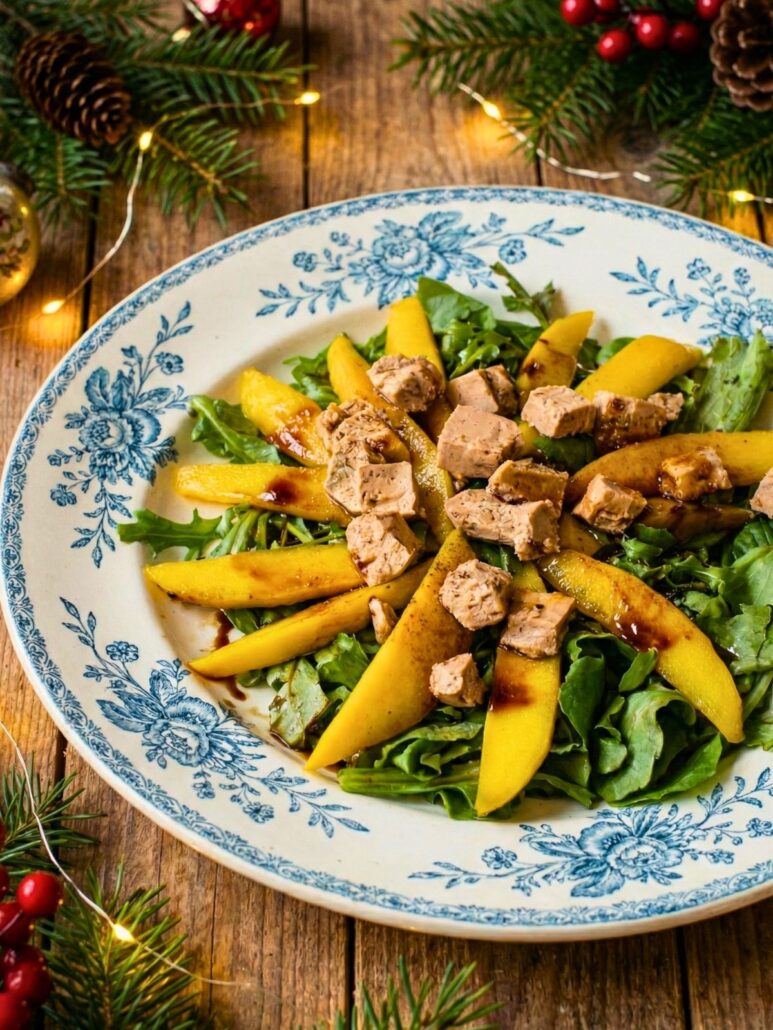 Gros plan sur la texture des dés de foie gras mi-cuit et des lamelles de mangue dorées disposés sur un lit de salade verte.