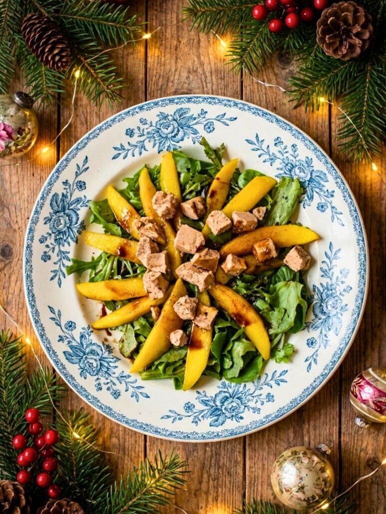 Assiette dressée de salade festive mêlant jeunes pousses de mesclun, tranches de mangue fraîche et dés de foie gras, arrosée d'un trait de vinaigre balsamique.