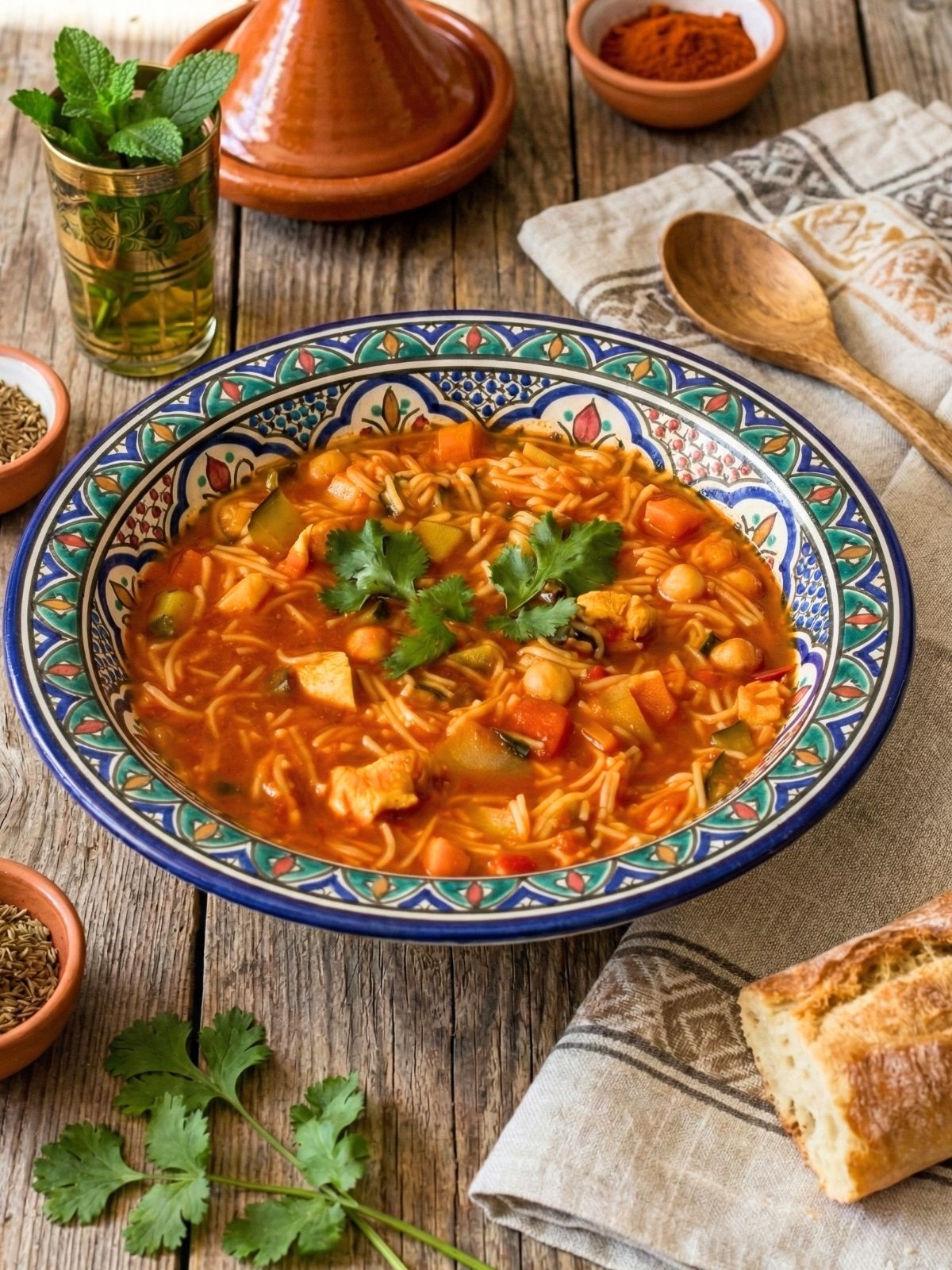 Harira marocaine, soupe traditionnelle avec pois chiches et vermicelles.