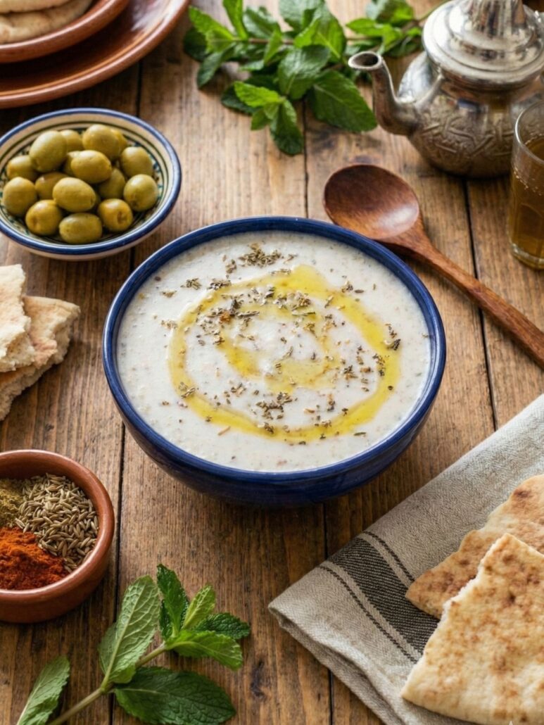 Bol de soupe d'orge blanche (belboula) onctueuse au lait, parsemée de cumin et d'un filet d'huile d'olive.