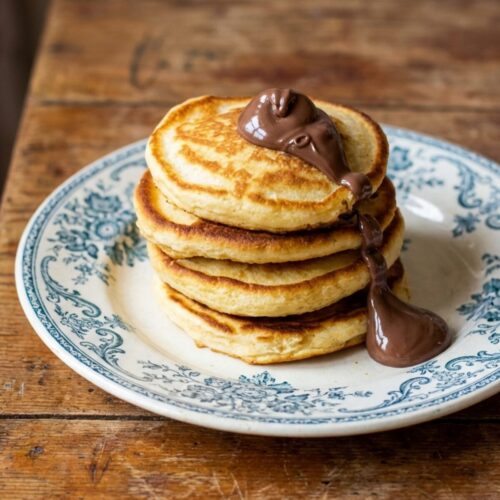 Pile de pancakes avec crème au chocolat sur assiette