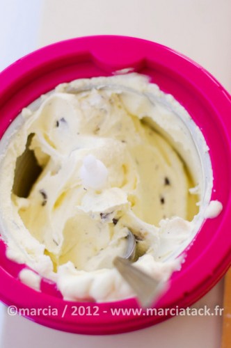 Glace vanille et éclats de chocolat en sorbetière.