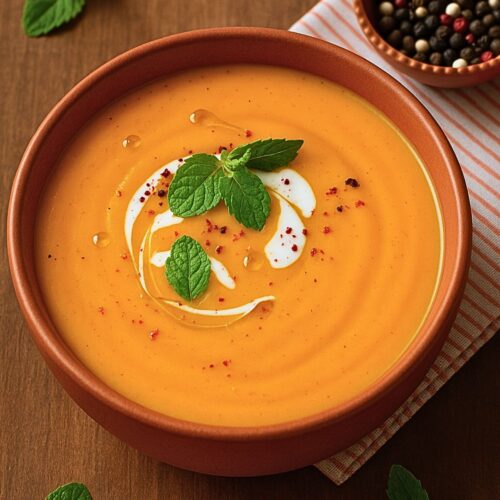 Bol de soupe à la courge avec crème et menthe.