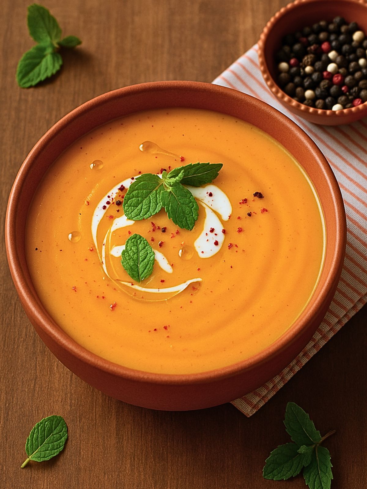 Bol de soupe à la courge avec crème et menthe.