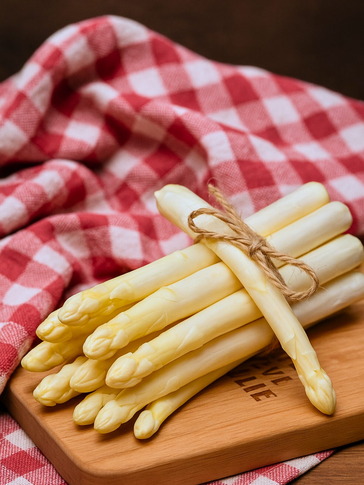 Asperges blanches fraîches sur planche à découper avec torchon.