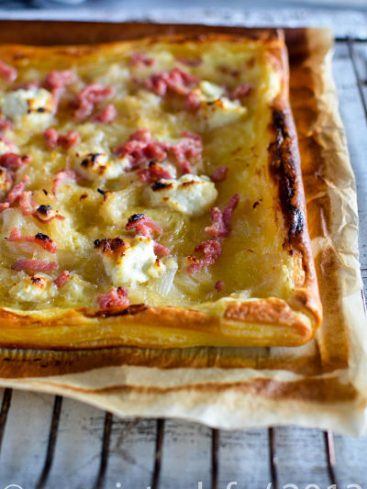 Recette facile de tarte aux lardons, fromage de chèvre et miel