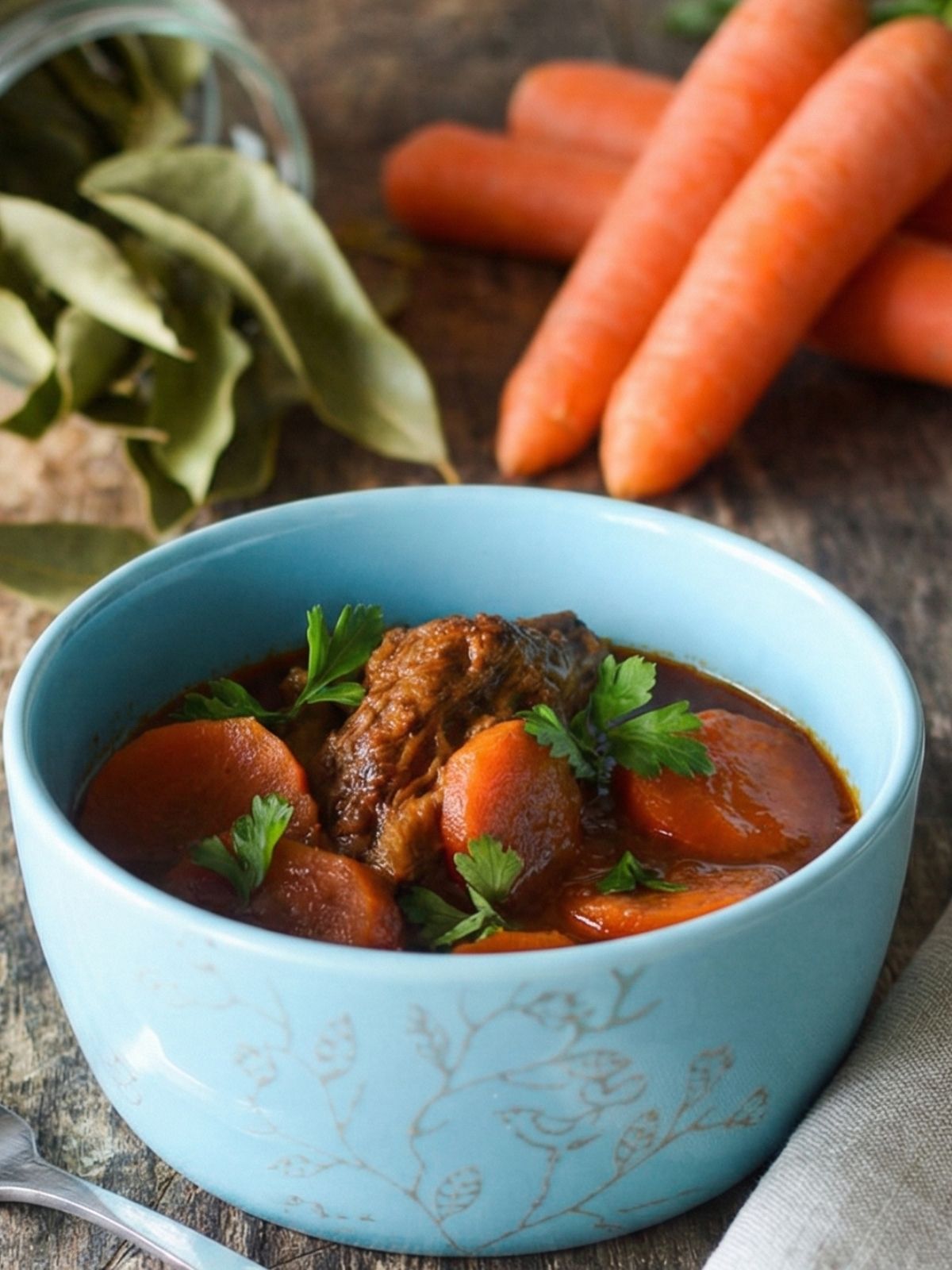 boeuf carottes servi dans un bol bleu
