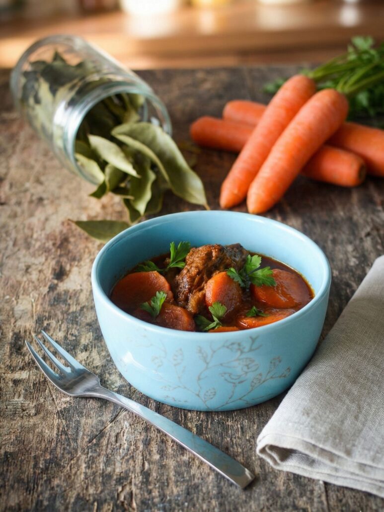bol de boeuf carottes posé sur un table en bois