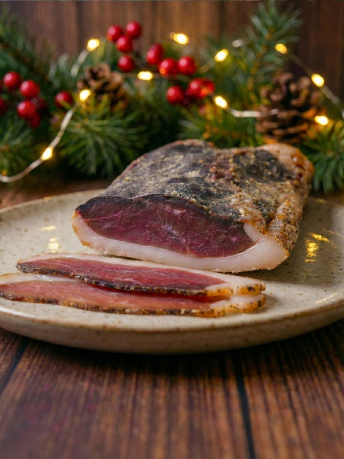 Viande séchée festive sur assiette, décorations de Noël.