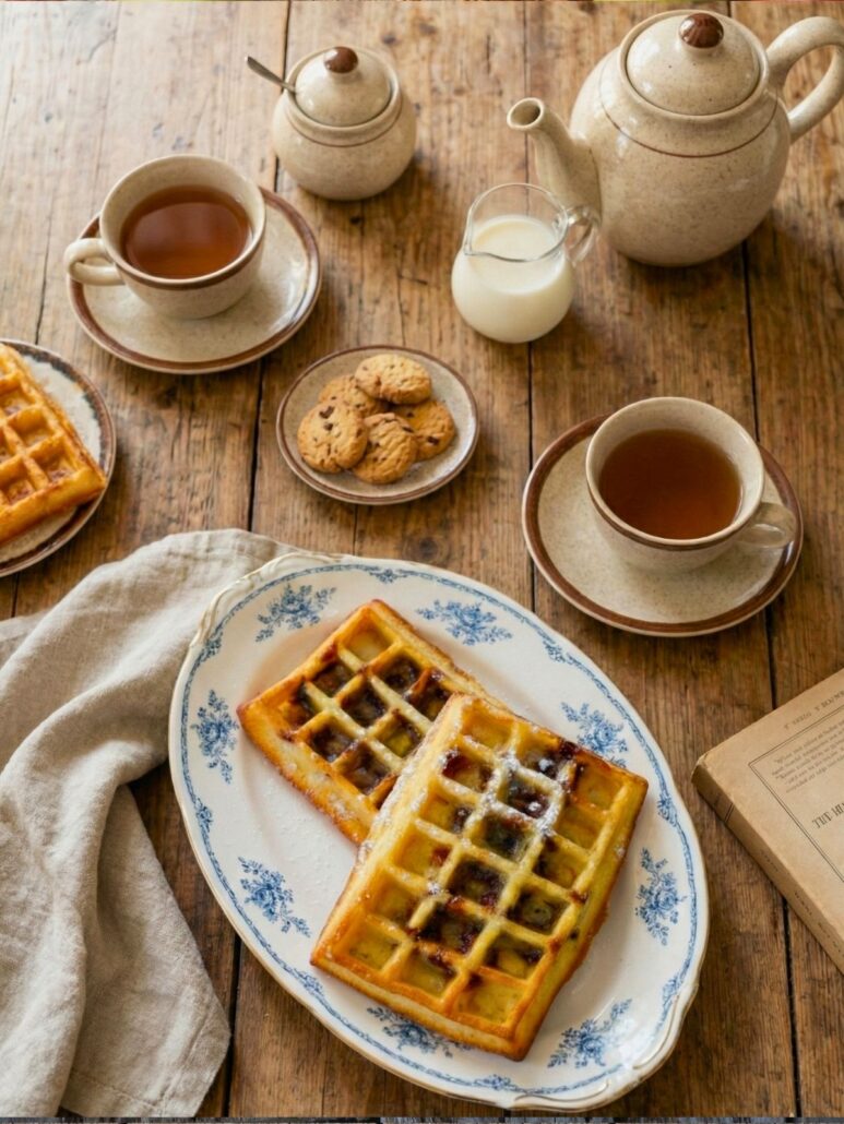 gaufres au four aux pépites de chocolat sur une table de goûter