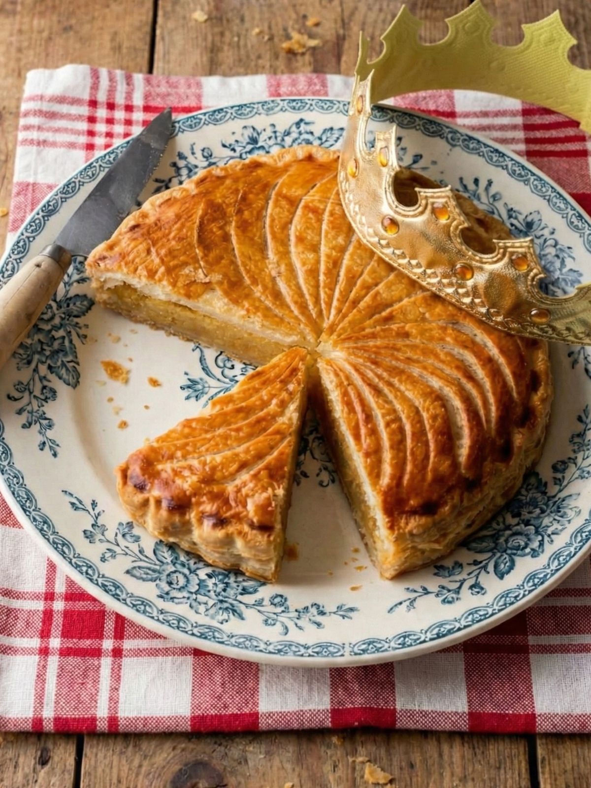 Galette des Rois coupée avec couronne dorée
