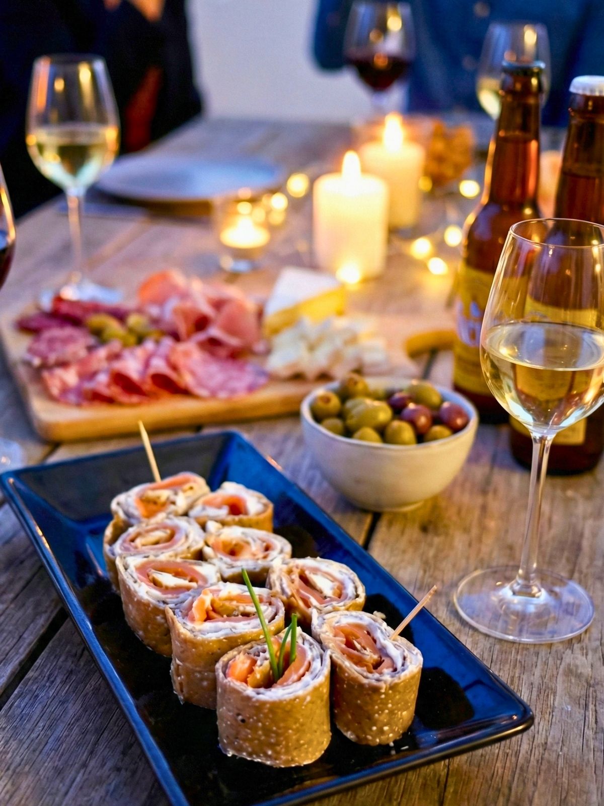 Assortiment d'apéritifs : charcuterie, fromage, saumon, olives et vin.