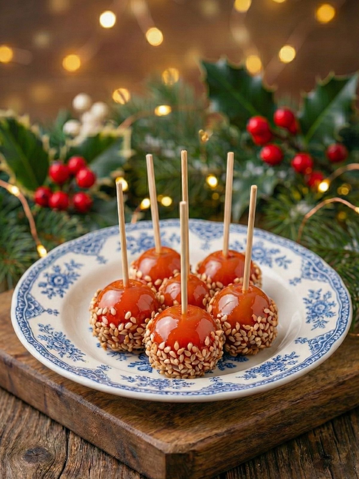 Pommes d'amour au sésame, décorations de Noël