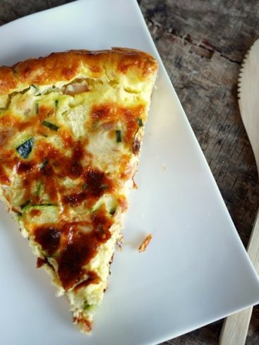 Part de quiche aux courgettes sur assiette blanche.