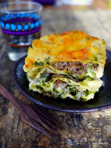 Lasagnes à la viande et épinards, vue rapprochée