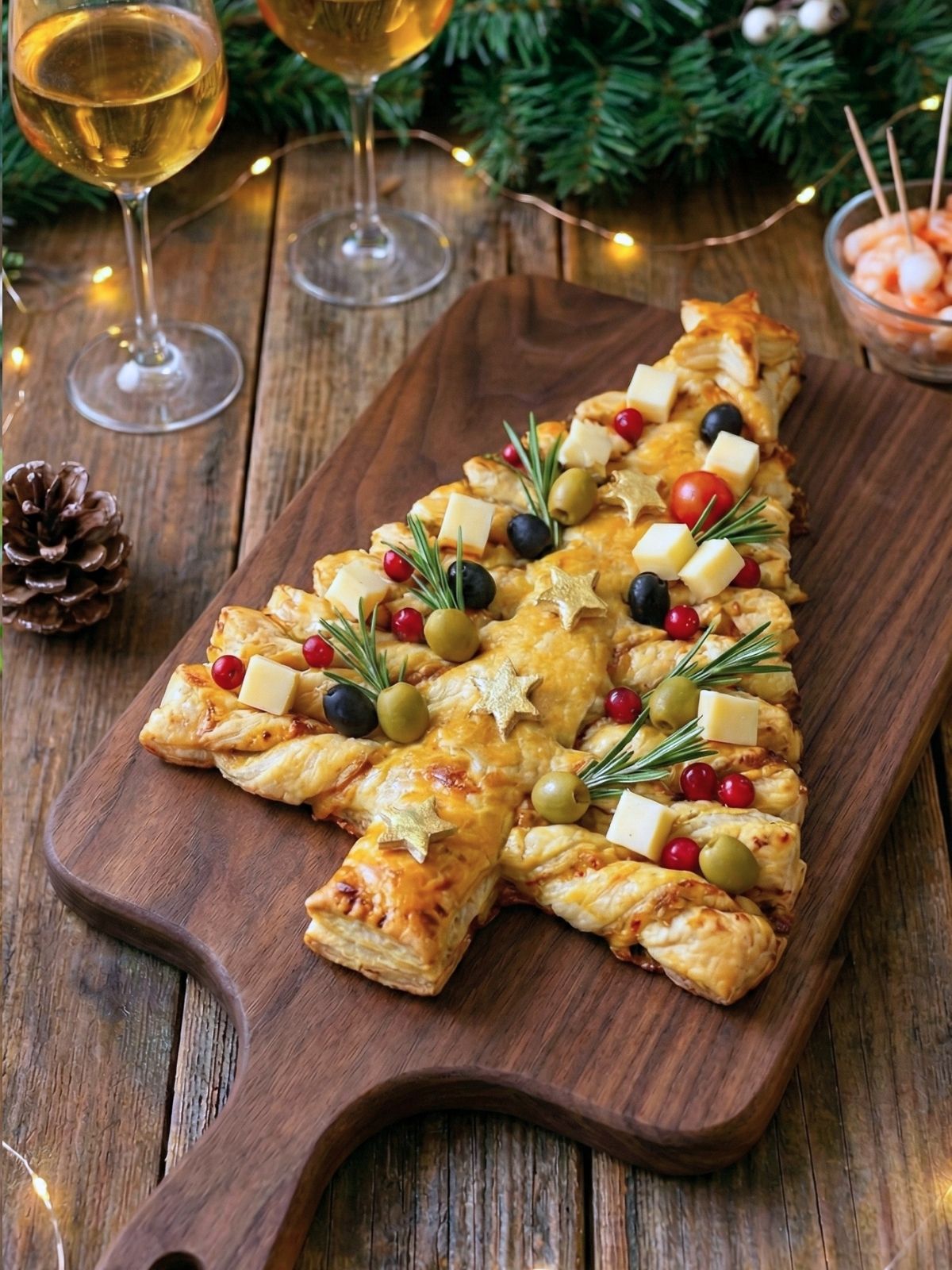 Sapin de Noël feuilleté garni sur planche en bois