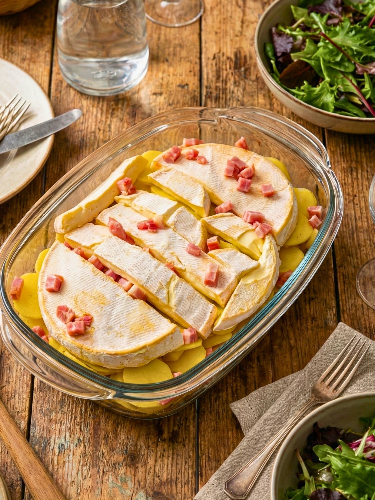 un plat de tartiflette, avant cuisson, posé sur une table