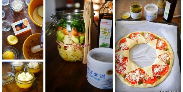 Préparation de repas : salade en bocal, couronne pizza, dessert