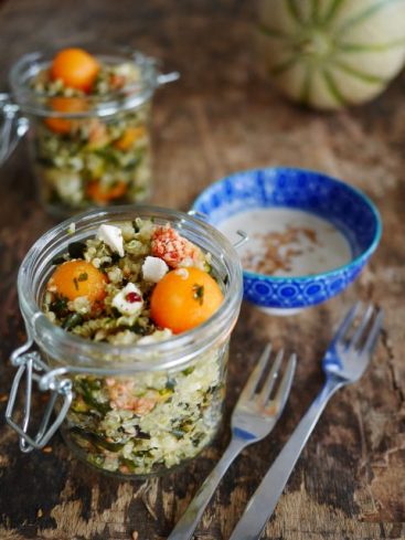 Salade de quinoa, melon et feta en bocal