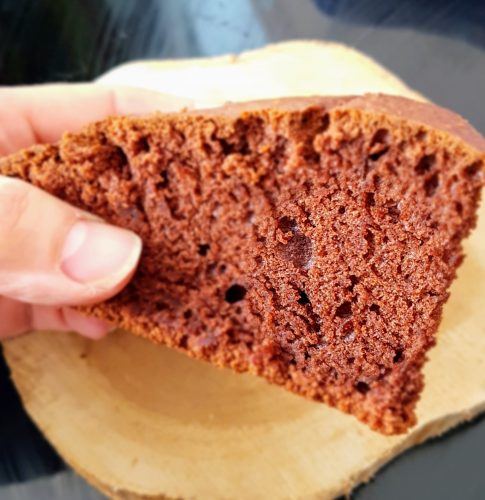 Part de gâteau au chocolat moelleux dans une main.