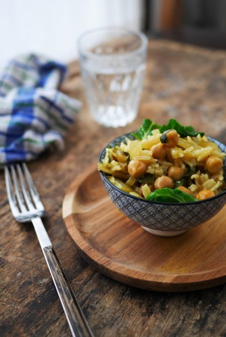 Recette végétarienne de curry de blettes au riz et pois chiches