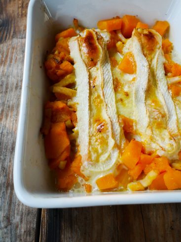 Gratin de potimarron et camembert au four.
