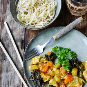 assiette de curry japonais et champignons noirs, servi avec des nouilles