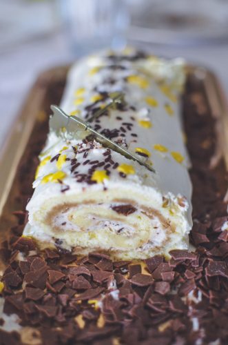 Bûche de Noël décorée de chocolat et vermicelles.
