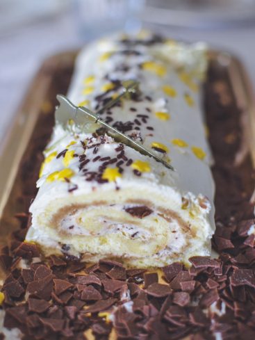 Bûche de Noël décorée de chocolat et vermicelles.