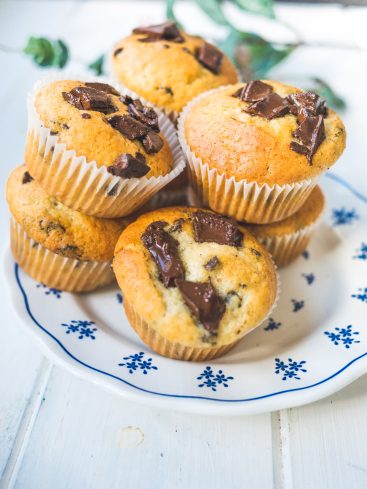 Pile de muffins au chocolat sur une assiette.