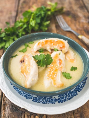 Soupe poulet coco et coriandre, vue rapprochée.