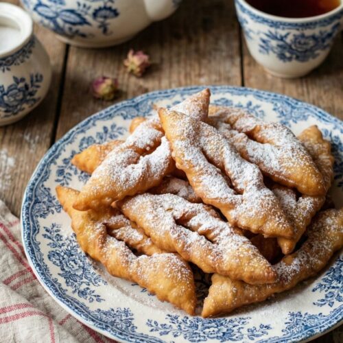 assiette rempli de bugnes épaisses et moelleuses, saupoudrées de sucre glace