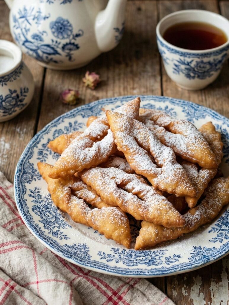 assiette rempli de bugnes épaisses et moelleuses, saupoudrées de sucre glace