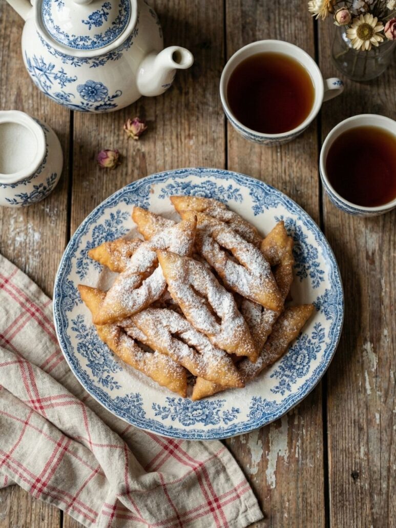 Assiette de bugnes au sucre glace sur une table avec du thé