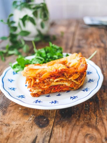 Lasagnes maison appétissantes sur une assiette fleurie.
