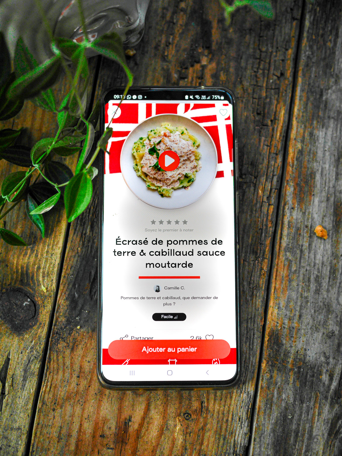 Smartphone affichant recette: Écrasé de pommes de terre et cabillaud