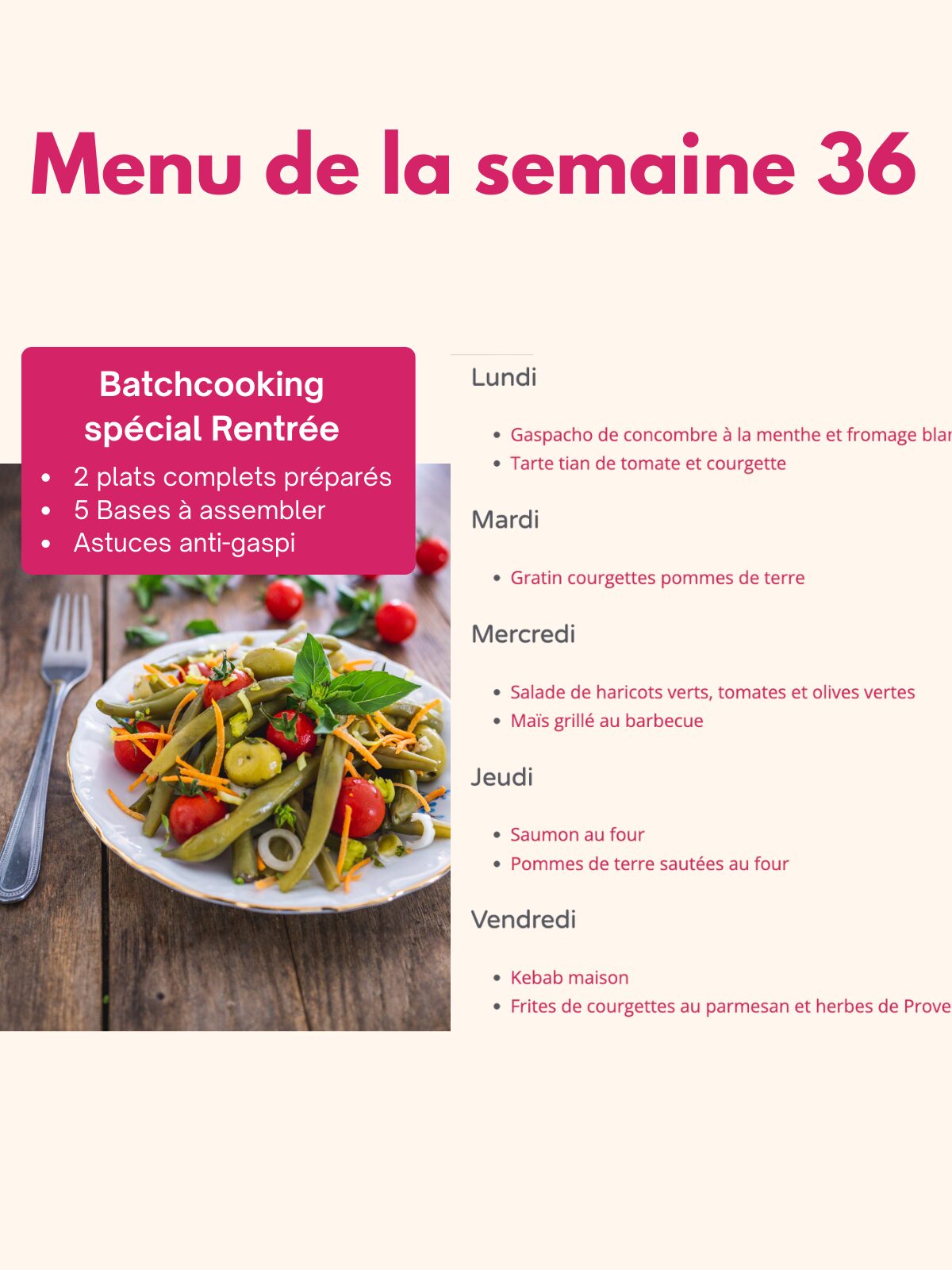 Menu batchcooking semaine 36 : idées recettes
