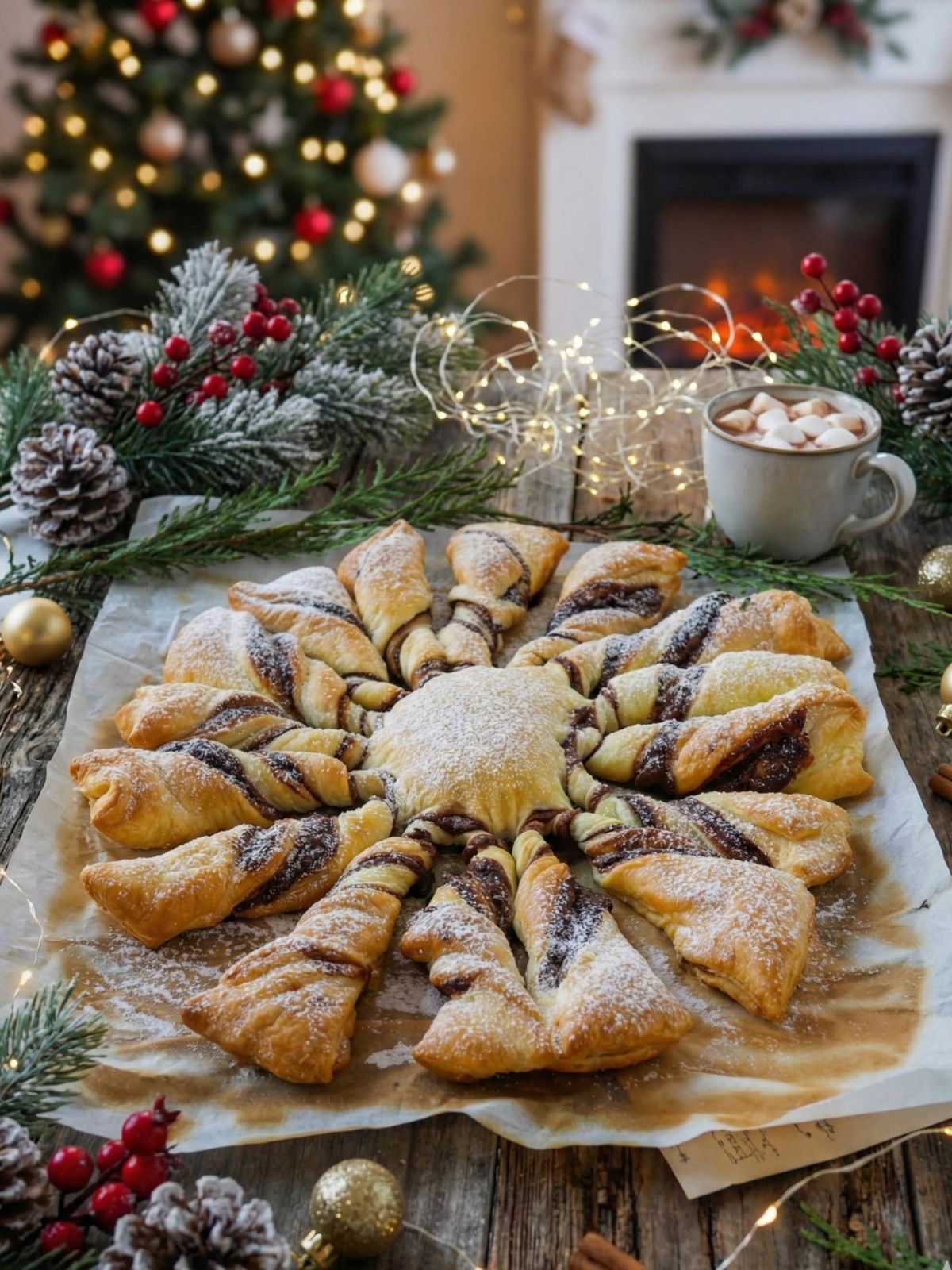 Brioche étoile chocolat Noël, chocolat chaud, décorations festives