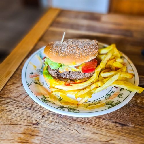 Burger appétissant avec frites sur une assiette fleurie.