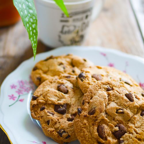 Cookies aux pépites de chocolat avec tasse et plante.