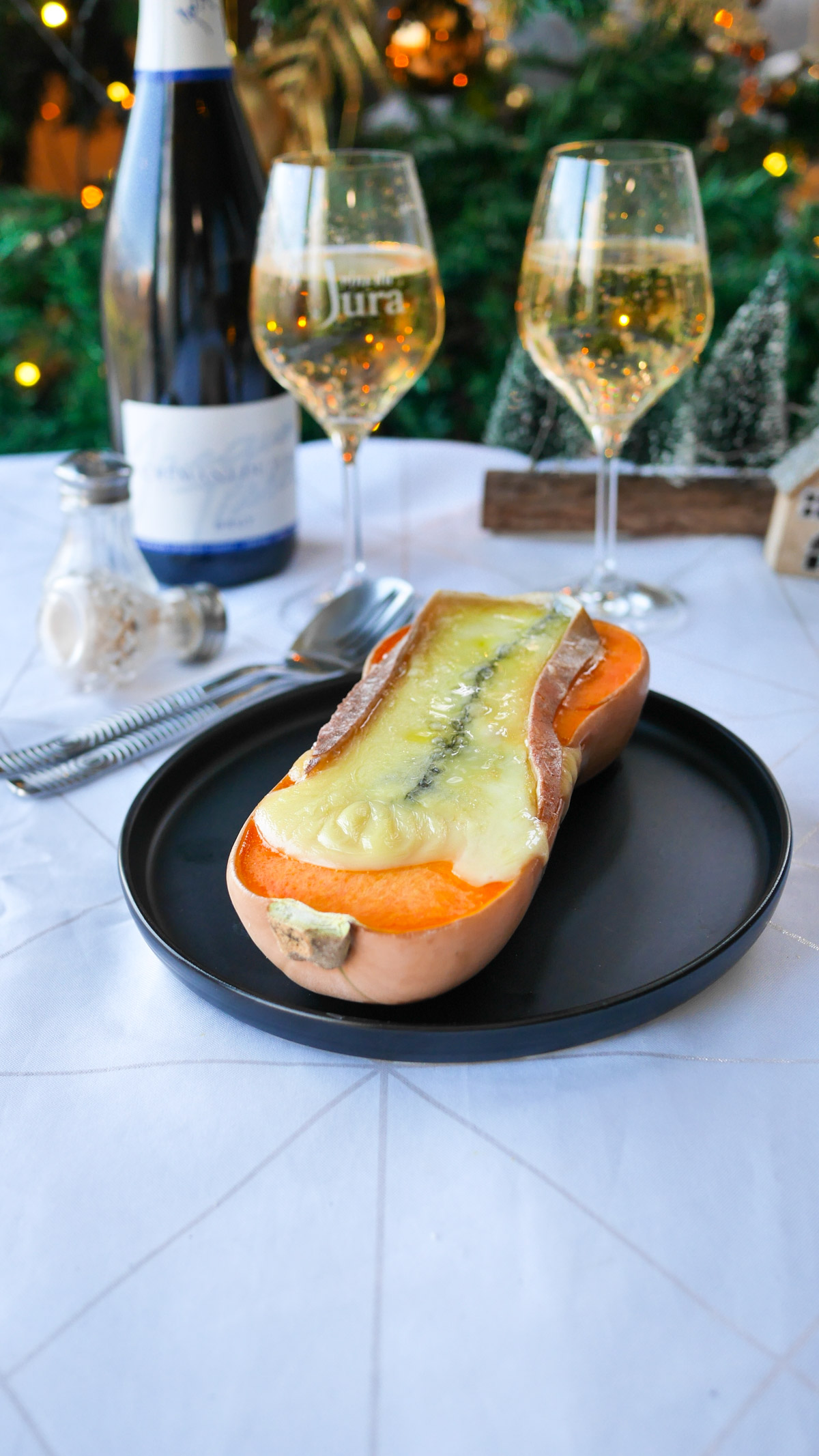 Butternut farci au fromage, vin du Jura, Noël.