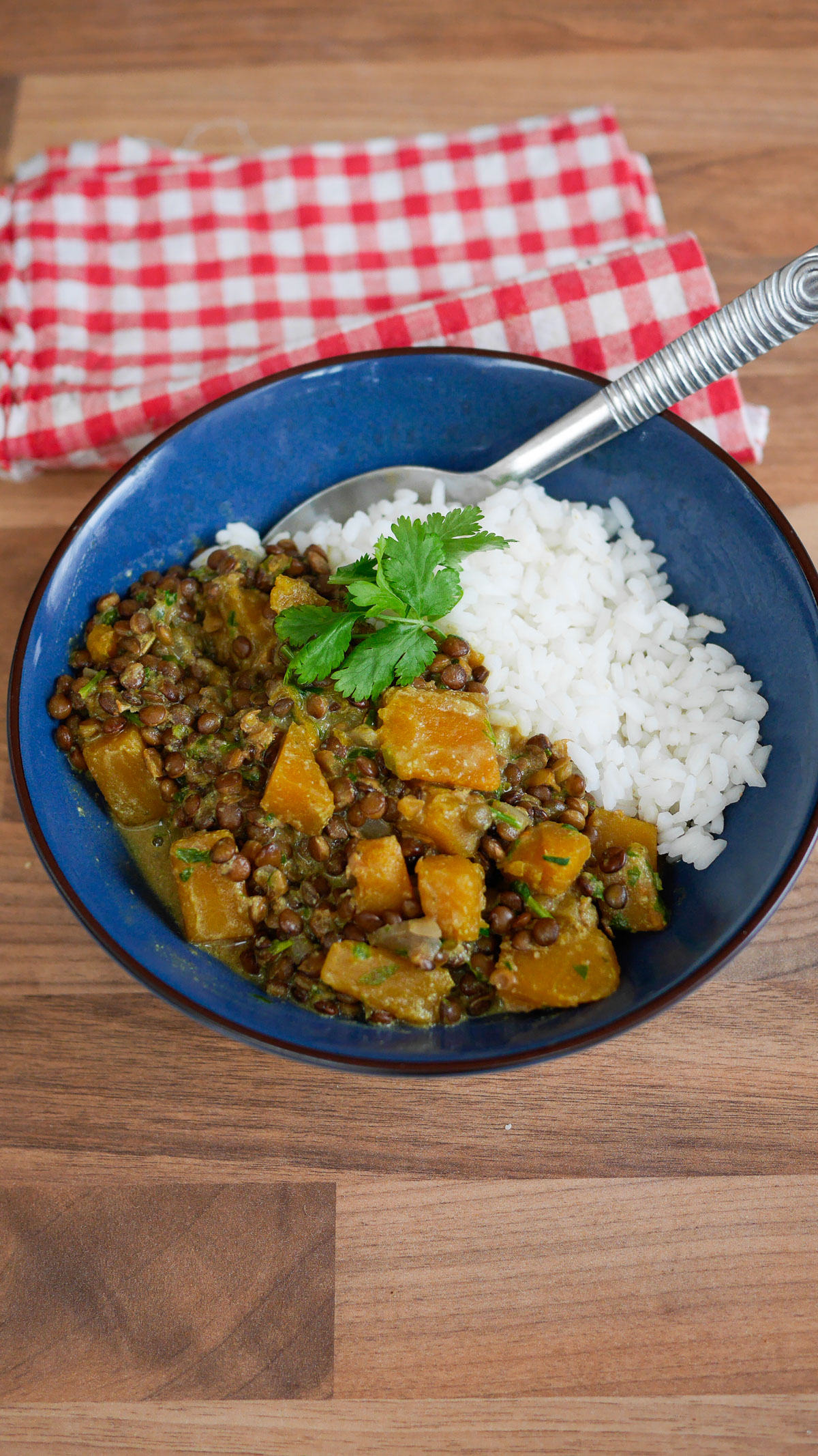 Plat de lentilles, potimarron et riz dans un bol bleu.