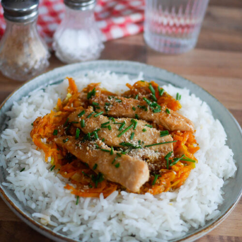Plat de riz avec poulet et carottes.